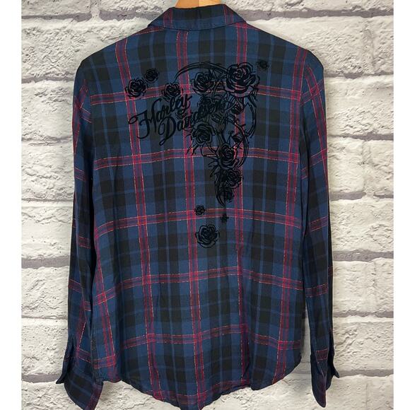 Harley-Davidson Womens S Biker Grunge Goth Y2K Rocker Velvet Plaid Button Down - Picture 4 of 7